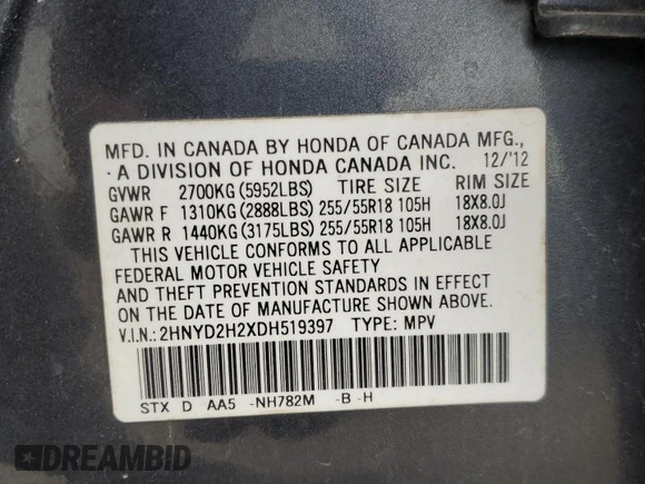 2013 Acura MDX with VIN 2HNYD2H2XDH519397, listed as a Copart auction lot 53609445 with 270,889 mi miles and Salvage title. Bid and sale history available at DreamBid. Image 14.