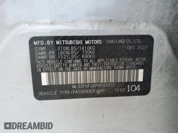 2023 Mitsubishi Mirage ES with VIN ML32FUFJXPHF03972, listed as a Copart auction lot 56458455 with 68,020 mi miles and Salvage title. Bid and sale history available at DreamBid. Image 13.