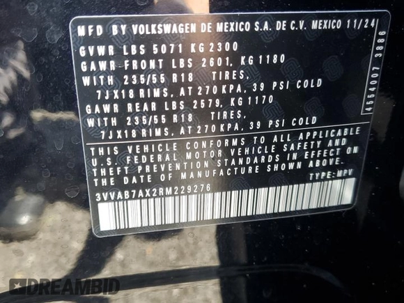 2024 Volkswagen Tiguan Wolfsburg Edition with VIN 3VVAB7AX2RM229276, listed as a Copart auction lot 60845445 with 859 mi miles and Salvage title. Bid and sale history available at DreamBid. Image 14.