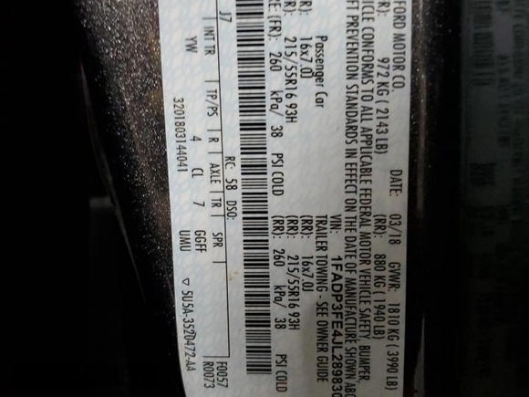 2018 Ford Focus SE z VIN 1FADP3FE4JL289830, wystawiony jako Copart lot #53350265 z przebiegiem 72 963 mil mil oraz Szkoda całkowita • Salvage title. Historia ofert i sprzedaży dostępna na DreamBid. Obrazek 12.