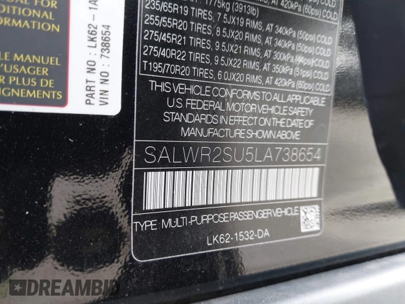 2020 Land Rover Range Rover Sport HSE with VIN SALWR2SU5LA738654, listed as a IAAI auction lot 41735607 with 22,423 mi miles and . Bid and sale history available at DreamBid. Image 9.