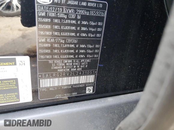 2020 Land Rover Discovery SE with VIN SALRG2RV2L2431051, listed as a Copart auction lot 60125004 with 32,134 mi miles and Salvage Title. Bid and sale history available at carsss.com. Image 14.