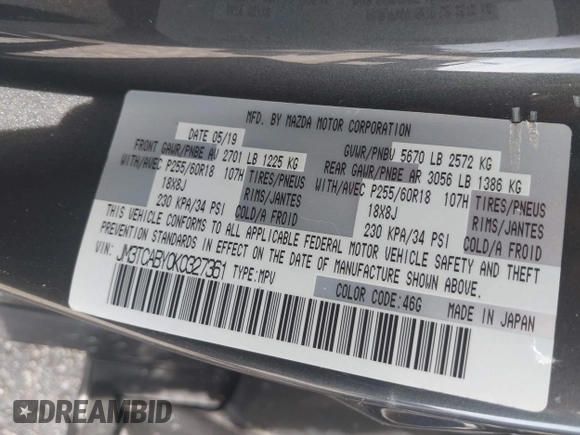 2019 Mazda CX-9 Sport with VIN JM3TCABY0K0327361, listed as a IAAI auction lot 42362232 with 264,699 mi miles and . Bid and sale history available at DreamBid. Image 9.