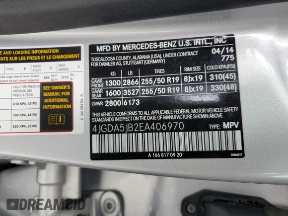 2014 Mercedes-Benz M 350 with VIN 4JGDA5JB2EA406970, listed as a Copart auction lot 55040275 with 88,924 mi miles and Salvage title. Bid and sale history available at DreamBid. Image 13.