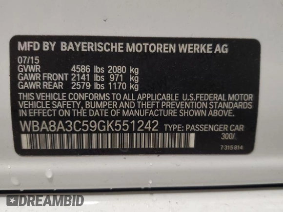 2016 BMW 3 Series 320i xDrive z VIN WBA8A3C59GK551242, wystawiony jako Copart lot #56939365 z przebiegiem 146 326 mil mil oraz Szkoda całkowita • Salvage title. Historia ofert i sprzedaży dostępna na DreamBid. Obrazek 12.
