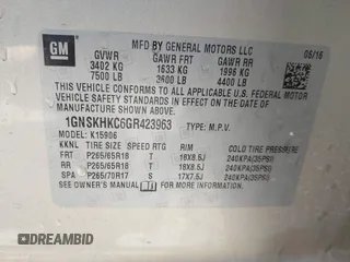 2016 Chevrolet Suburban LT with VIN 1GNSKHKC6GR423963, listed as a IAAI auction lot 42210288 with 151,799 mi miles and . Bid and sale history available at DreamBid. Image 9.