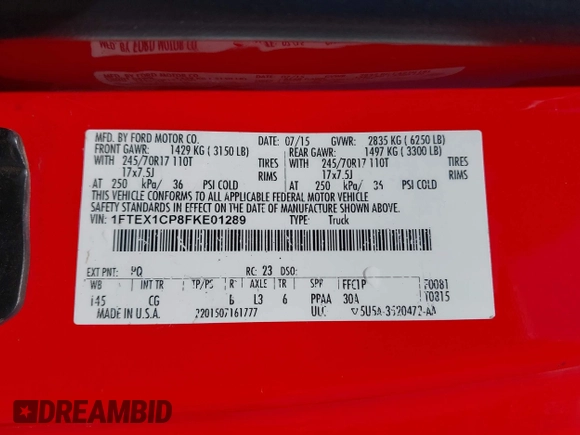 2015 Ford F-150 XL with VIN 1FTEX1CP8FKE01289, listed as a IAAI auction lot 42305312 with 240,366 mi miles and . Bid and sale history available at DreamBid. Image 9.
