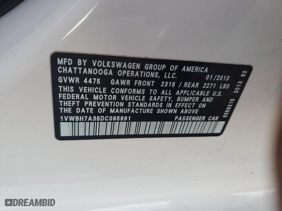 2013 Volkswagen Passat SE w/Sunroof with VIN 1VWBH7A35DC085891, listed as a Copart auction lot 86818924 with 155,101 mi miles and Salvage Title. Bid and sale history available at carsss.com. Image 12.