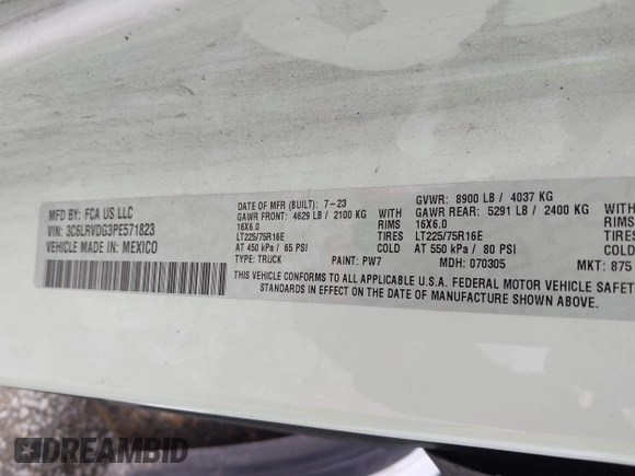 2023 Ram ProMaster Cargo with VIN 3C6LRVDG3PE571823, listed as a IAAI auction lot 42223080 with 71,464 mi miles and . Bid and sale history available at DreamBid. Image 9.