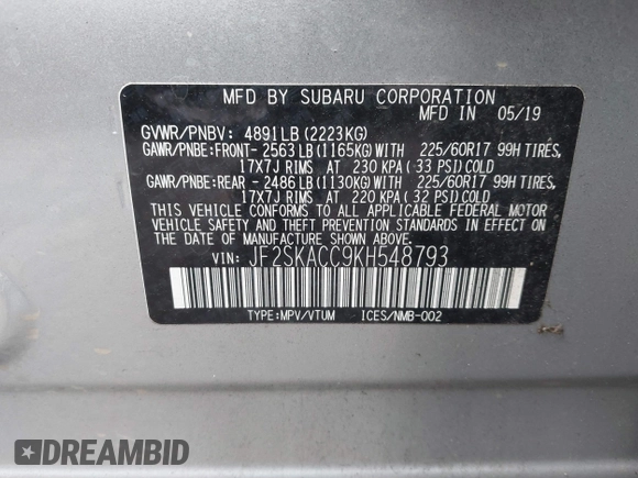 2019 Subaru Forester with VIN JF2SKACC9KH548793, listed as a IAAI auction lot 41552997 with 45,524 mi miles. Bid and sale history available at carsss.com. Image 9.