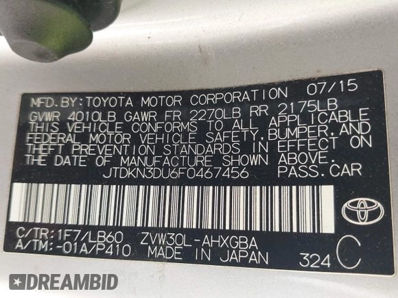 2015 Toyota Prius Four with VIN JTDKN3DU6F0467456, listed as a IAAI auction lot 42112420 with 1 mi miles. Bid and sale history available at carsss.com. Image 9.