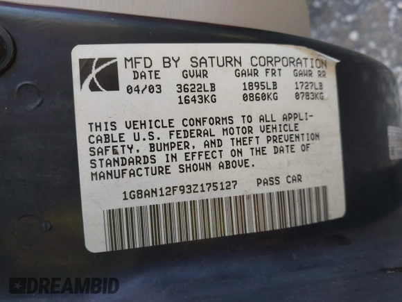 2003 Saturn ION with VIN 1G8AN12F93Z175127, listed as a IAAI auction lot 41516330 with 99,082 mi miles. Bid and sale history available at carsss.com. Image 9.