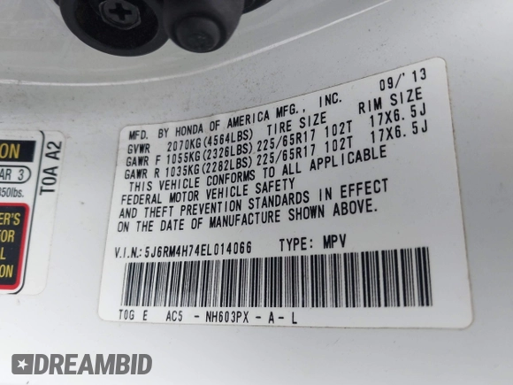 2014 Honda CR-V EX-L with VIN 5J6RM4H74EL014066, listed as a IAAI auction lot 42176490 with 206,016 mi miles and . Bid and sale history available at DreamBid. Image 9.