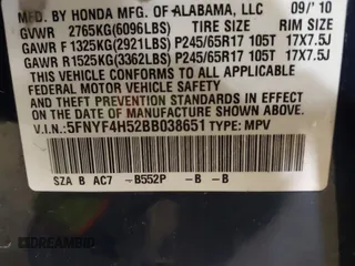 2011 Honda Pilot EX-L with VIN 5FNYF4H52BB038651, listed as a IAAI auction lot 41868695 with 281,683 mi miles. Bid and sale history available at carsss.com. Image 9.