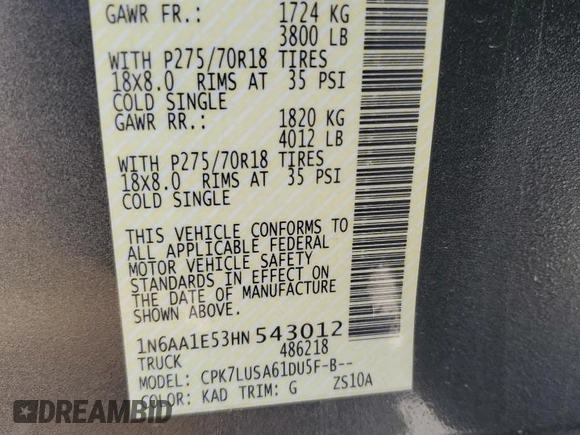 2017 Nissan Titan Platinum Reserve z VIN 1N6AA1E53HN543012, wystawiony jako Copart lot #39144854 z przebiegiem 83 008 mil mil oraz Szkoda całkowita • Salvage title. Historia ofert i sprzedaży dostępna na DreamBid. Obrazek 12.
