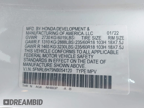 2022 Honda Odyssey EX-L with VIN 5FNRL6H79NB054120, listed as a IAAI auction lot 41694040 with 55,036 mi miles and . Bid and sale history available at DreamBid. Image 9.