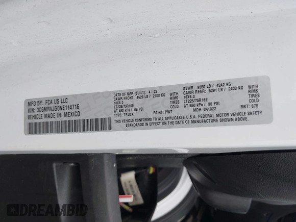 2022 Ram ProMaster Cargo with VIN 3C6MRVJG0NE114716, listed as a IAAI auction lot 40906614 with 164,182 mi miles and . Bid and sale history available at DreamBid. Image 9.