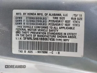 2011 Honda Odyssey EX-L with VIN 5FNRL5H61BB067456, listed as a IAAI auction lot 42131999 with 150,358 mi miles and . Bid and sale history available at carsss.com. Image 9.