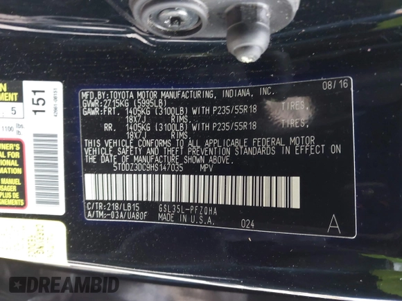 2017 Toyota Sienna XLE with VIN 5TDDZ3DC9HS147035, listed as a IAAI auction lot 41737602 with 82,008 mi miles and . Bid and sale history available at DreamBid. Image 9.