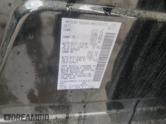 2015 Infiniti QX60 with VIN 5N1AL0MM6FC549567, listed as a Copart auction lot 59733485 with 183,460 mi miles and Clean title. Bid and sale history available at DreamBid. Image 13.