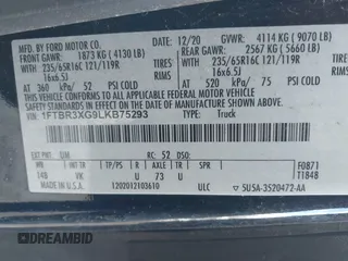 2020 Ford Transit Cargo with VIN 1FTBR3XG9LKB75293, listed as a IAAI auction lot 41657375 with 104,280 mi miles and . Bid and sale history available at DreamBid. Image 9.