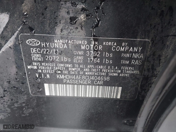 2012 Hyundai Elantra GLS with VIN KMHDH4AE8CU404698, listed as a IAAI auction lot 41988964 with 1 mi miles. Bid and sale history available at carsss.com. Image 9.