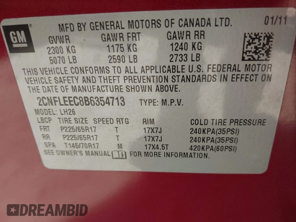 2011 Chevrolet Equinox 1LT with VIN 2CNFLEEC8B6354713, listed as a IAAI auction lot 42229024 with 204,639 mi miles and . Bid and sale history available at DreamBid. Image 9.