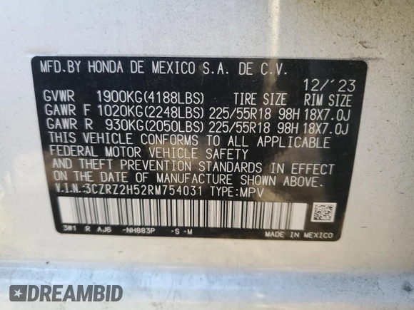 2024 Honda HR-V Sport with VIN 3CZRZ2H52RM754031, listed as a Copart auction lot 87553245 with 30,078 mi miles and Salvage Title. Bid and sale history available at carsss.com. Image 13.