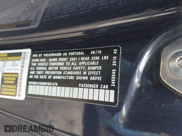 2011 Volkswagen Eos Komfort с VIN WVWBA7AH5BV001475, выставлен на аукционе IAAI как лот 41881190 с пробегом 237 064 миль миль и . История ставок и продаж доступна на DreamBid. Изображение 9.