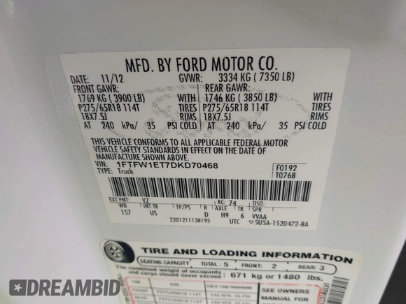 2013 Ford F-150 XL with VIN 1FTFW1ET7DKD70468, listed as a IAAI auction lot 40952588 with 208,052 mi miles. Bid and sale history available at carsss.com. Image 9.