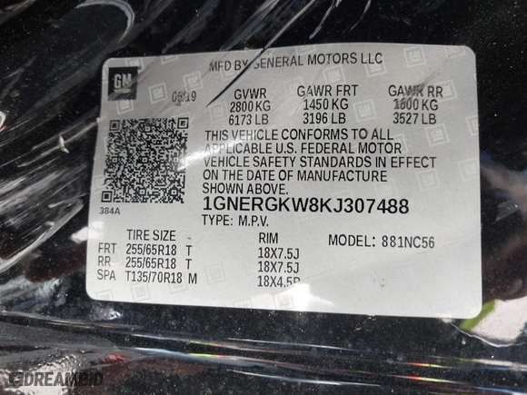 2019 Chevrolet Traverse LT Cloth with VIN 1GNERGKW8KJ307488, listed as a IAAI auction lot 41690208 with 1 mi miles. Bid and sale history available at carsss.com. Image 9.