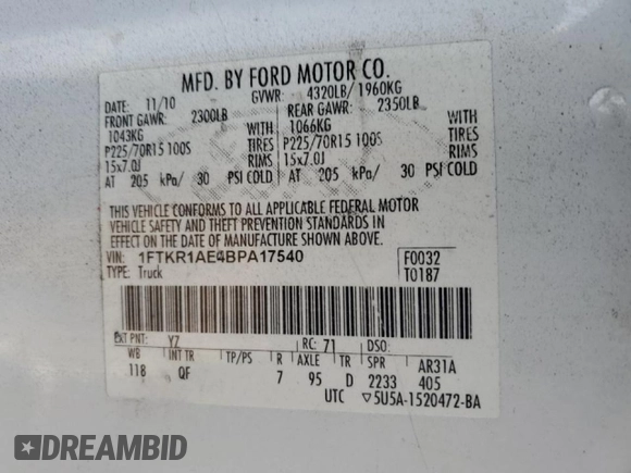 2011 Ford Ranger XL with VIN 1FTKR1AE4BPA17540, listed as a Copart auction lot 79715584 with 128,207 mi miles and Salvage Title. Bid and sale history available at carsss.com. Image 12.