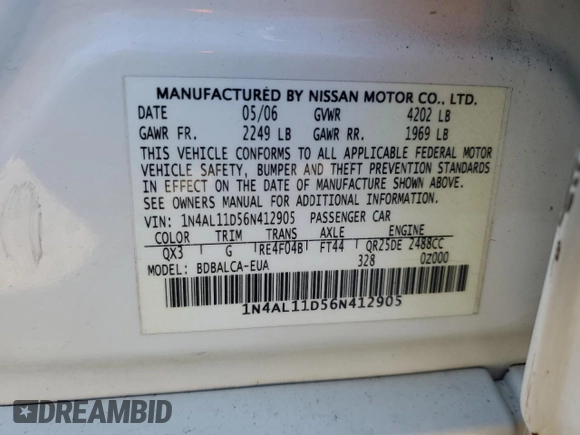 2006 Nissan Altima 2.5 with VIN 1N4AL11D56N412905, listed as a Copart auction lot 47130595 with 0 mi miles and Salvage Title. Bid and sale history available at carsss.com. Image 13.