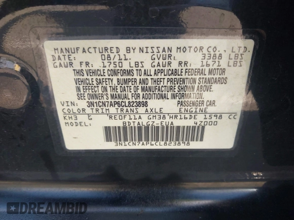 2012 Nissan Versa S with VIN 3N1CN7AP6CL823898, listed as a IAAI auction lot 42175971 with 149,095 mi miles and . Bid and sale history available at DreamBid. Image 9.