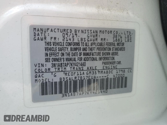 2019 Nissan Sentra SV with VIN 3N1AB7AP7KY421440, listed as a Copart auction lot 50946655 with 75,507 mi miles and Salvage Title. Bid and sale history available at DreamBid. Image 14.