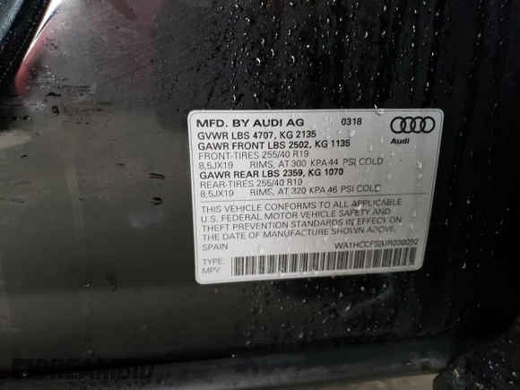 2018 Audi Q3 Premium Plus with VIN WA1HCCFS9JR030092, listed as a Copart auction lot 36508913 with 46,838 mi miles. Bid and sale history available at carsss.com. Image 13.
