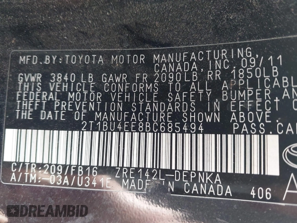 2011 Toyota Corolla L with VIN 2T1BU4EE8BC685494, listed as a IAAI auction lot 42182682 with Not Provided miles and . Bid and sale history available at DreamBid. Image 9.