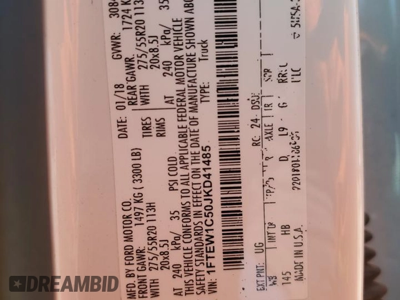 2018 Ford F-150 XL with VIN 1FTEW1C50JKD41485, listed as a Copart auction lot 55153695 with 99,193 mi miles and Salvage title. Bid and sale history available at DreamBid. Image 13.