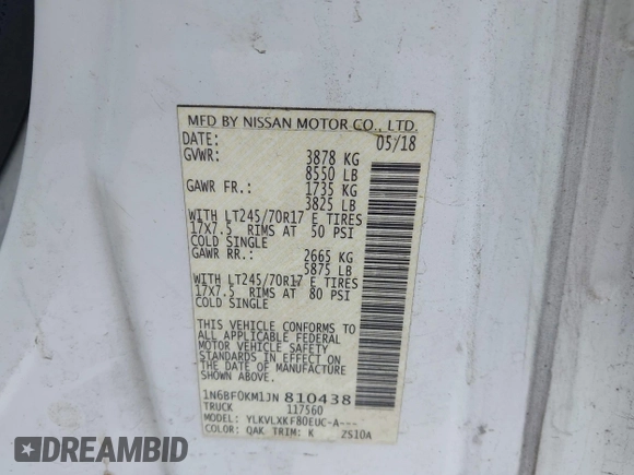 2018 Nissan NV Cargo S z VIN 1N6BF0KM1JN810438, wystawiony jako IAAI lot #42380139 z przebiegiem Nie podano mil oraz . Historia ofert i sprzedaży dostępna na DreamBid. Obrazek 9.