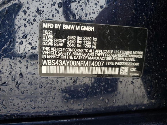 2022 BMW M3 Competition xDrive z VIN WBS43AY00NFM14007, wystawiony jako Copart lot #44983285 z przebiegiem Nie podano mil oraz Szkoda całkowita • Salvage title. Historia ofert i sprzedaży dostępna na DreamBid. Obrazek 14.