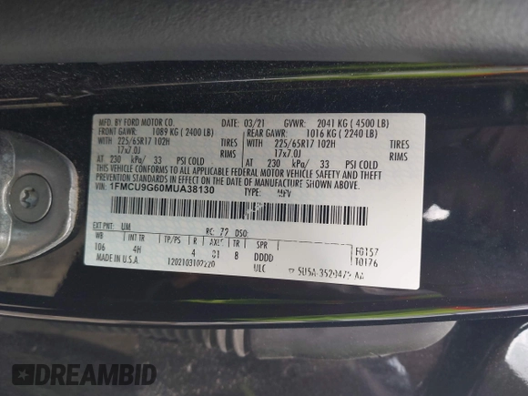 2021 Ford Escape SE with VIN 1FMCU9G60MUA38130, listed as a IAAI auction lot 42763003 with 98,388 mi miles and . Bid and sale history available at DreamBid. Image 9.