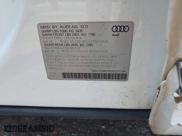 2013 Audi Q5 Premium Plus с VIN WA1LFAFP4DA023104, выставлен на аукционе IAAI как лот 42508829 с пробегом 217 447 миль миль и . История ставок и продаж доступна на DreamBid. Изображение 9.