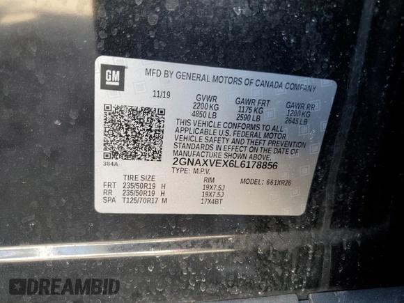 2020 Chevrolet Equinox LT z VIN 2GNAXVEX6L6178856, wystawiony jako Copart lot #50507015 z przebiegiem 44 610 mil mil oraz Szkoda całkowita • Salvage title. Historia ofert i sprzedaży dostępna na DreamBid. Obrazek 13.