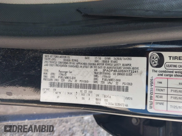 2011 Ford Fiesta SE z VIN 3FADP4BJ2BM172241, wystawiony jako IAAI lot #42500368 z przebiegiem 258 580 mil mil oraz . Historia ofert i sprzedaży dostępna na DreamBid. Obrazek 9.
