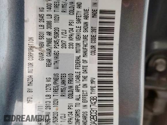 2011 Mazda CX-9 Grand Touring with VIN JM3TB2DA2B0317438, listed as a Copart auction lot 59502395 with 181,506 mi miles and Salvage title. Bid and sale history available at DreamBid. Image 13.