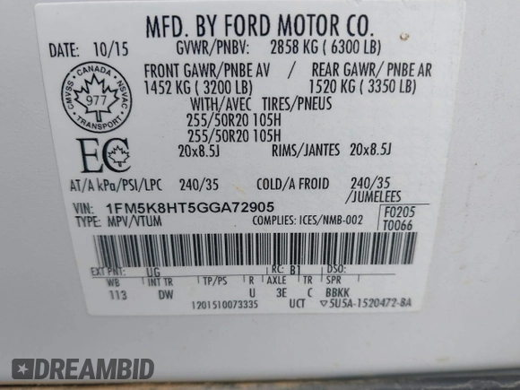 2016 Ford Explorer Platinum with VIN 1FM5K8HT5GGA72905, listed as a IAAI auction lot 42173017 with 149,301 mi miles and . Bid and sale history available at DreamBid. Image 9.