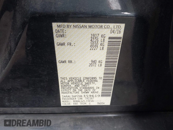 2016 Nissan Altima S with VIN 1N4AL3AP2GN359619, listed as a IAAI auction lot 41902550 with 229,390 mi miles and . Bid and sale history available at DreamBid. Image 9.