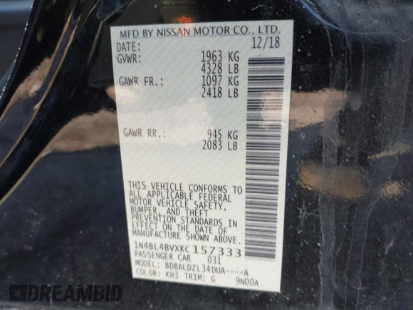 2019 Nissan Altima S with VIN 1N4BL4BVXKC157333, listed as a IAAI auction lot 41995192 with 94,331 mi miles and . Bid and sale history available at DreamBid. Image 9.