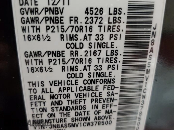 2012 Nissan Rogue SV with VIN JN8AS5MV1CW378500, listed as a Copart auction lot 88691675 with 147,524 mi miles and Salvage Title. Bid and sale history available at carsss.com. Image 13.