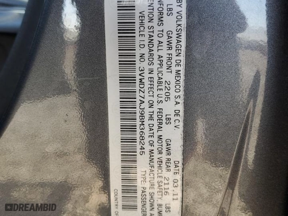 2011 Volkswagen Jetta Sedan SE PZEV with VIN 3VWDZ7AJ9BM368245, listed as a Copart auction lot 46706355 with 151,890 mi miles and Salvage Title. Bid and sale history available at carsss.com. Image 12.
